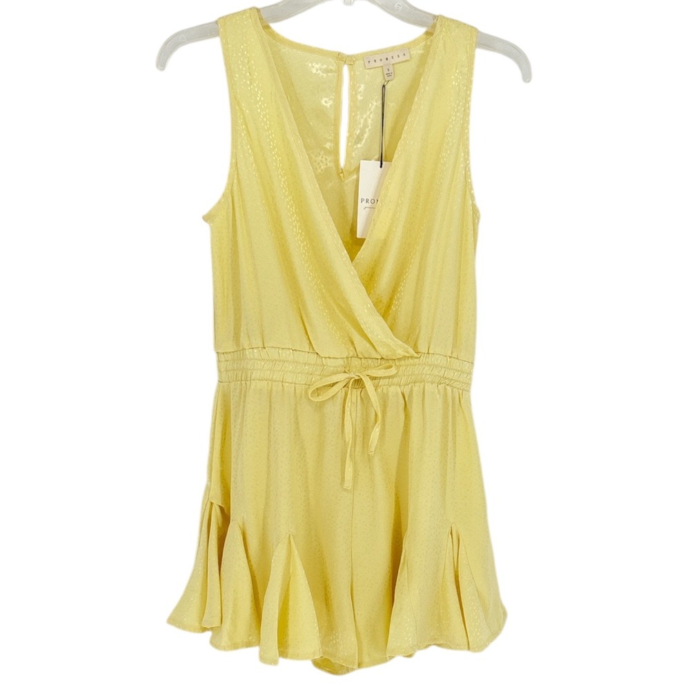 Promesa Yellow Jacquard Surplice Sleeveless Romper M Ruffle Hem NWT Feminine